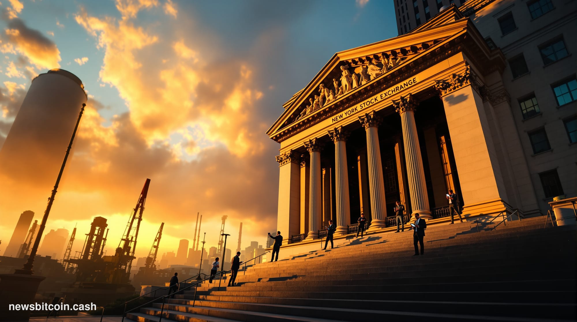 A cinematic photorealistic editorial photograph showing the imposing facade of the New York Stock Exchange building in lower 