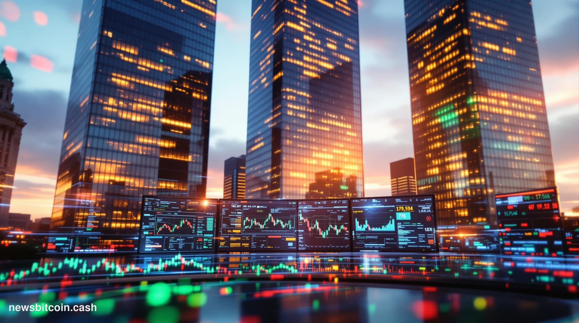 A cinematic photorealistic editorial photograph showcasing the convergence of traditional European finance and cryptocurrency