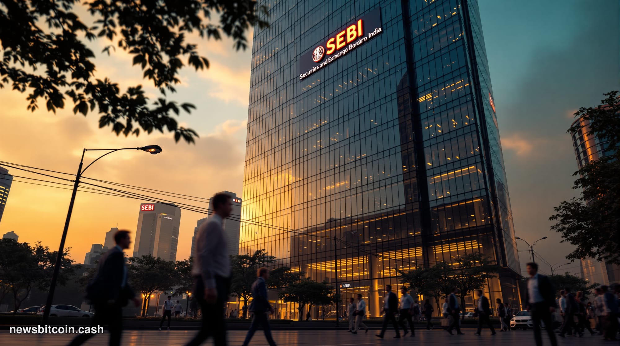 Cinematic photorealistic editorial photograph of the Securities and Exchange Board of India (SEBI) headquarters building in M