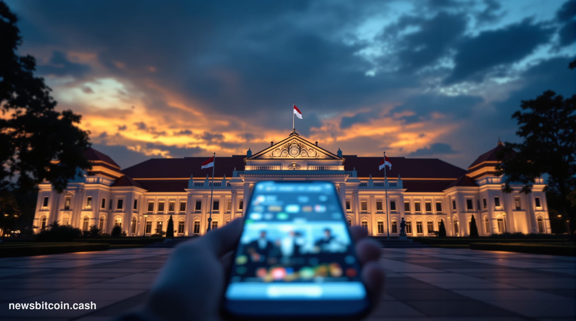A cinematic photorealistic editorial photograph showing the Indonesian Presidential Palace (Istana Merdeka) in Jakarta at dus