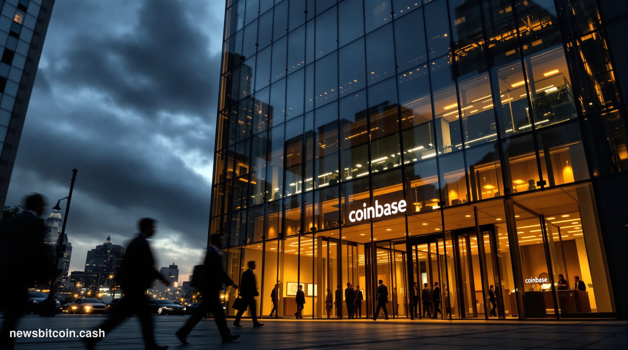 A cinematic photorealistic editorial photograph showing Coinbase's distinctive glass-walled San Francisco headquarters at One