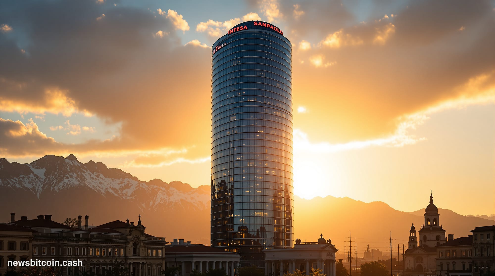Cinematic photorealistic editorial photograph of the imposing Intesa Sanpaolo skyscraper in Turin, Italy, captured during gol