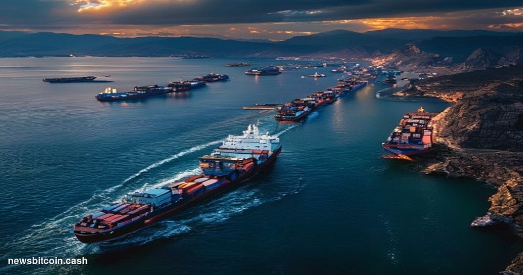 A cinematic photorealistic editorial photograph showing the Strait of Hormuz from an elevated perspective, with massive cargo