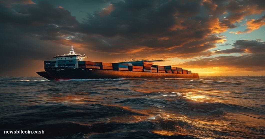 A dramatic cinematic photograph of a massive cargo container ship navigating through choppy waters at sunset, with the Irania