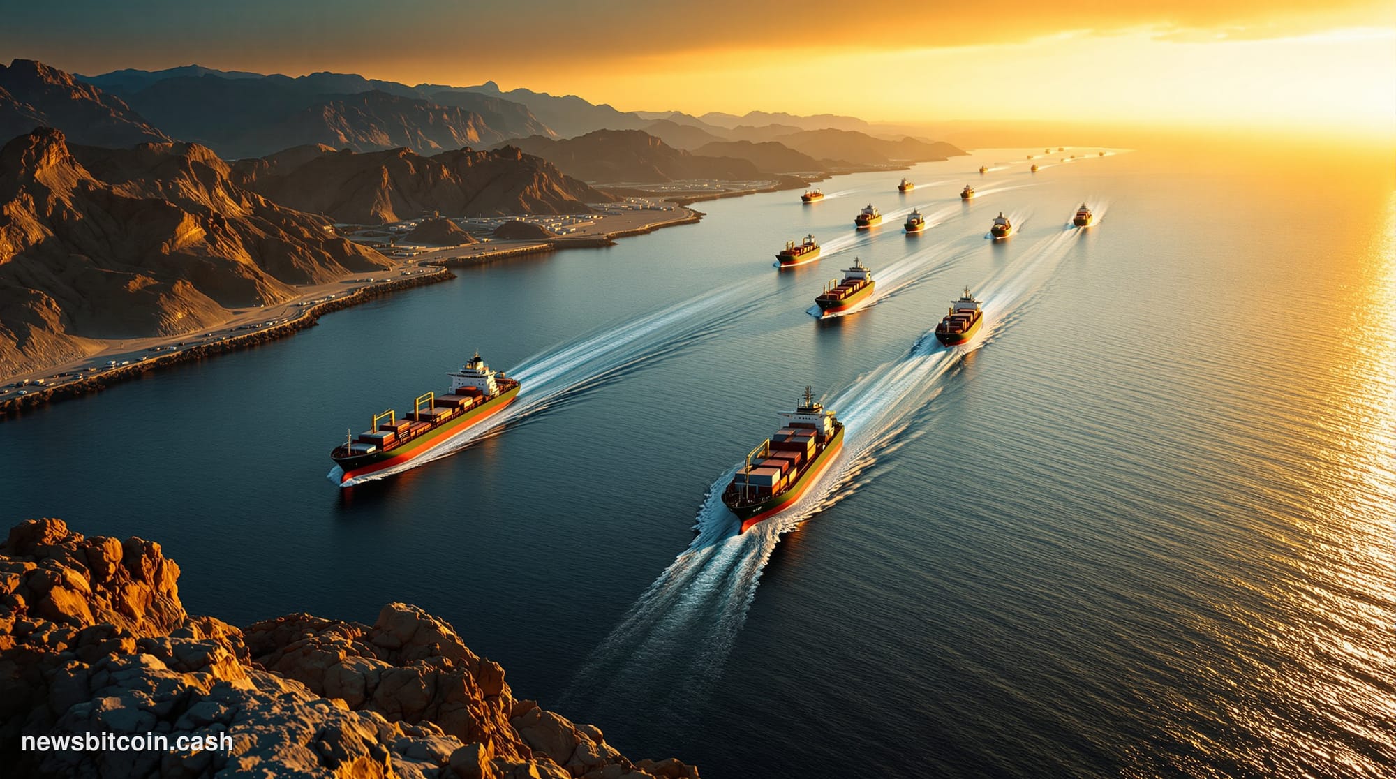 A cinematic photorealistic editorial photograph showing the Strait of Hormuz from an elevated perspective during golden hour,