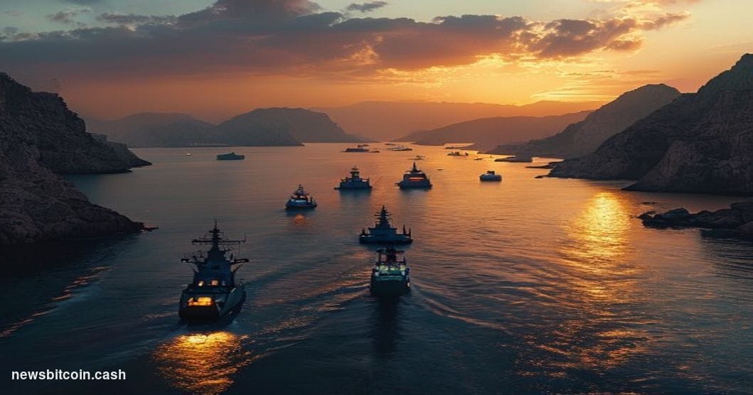 A cinematic photorealistic editorial photograph showing the Strait of Hormuz at dusk, with Iranian naval vessels visible in t