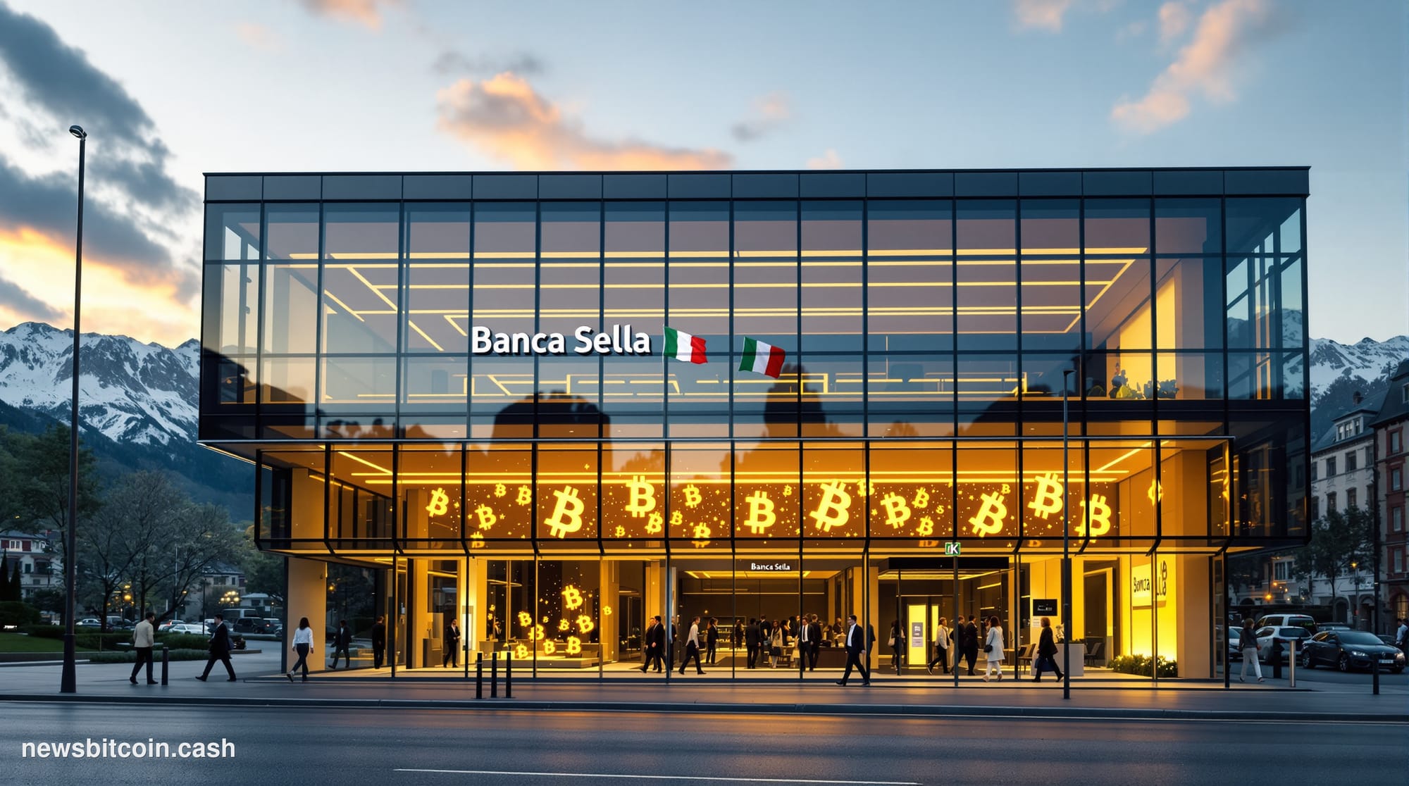 A cinematic photorealistic editorial photograph of Banca Sella's modern banking headquarters in Biella, Italy, captured from 