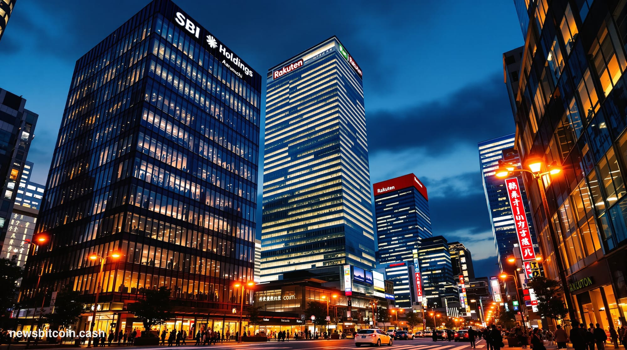 Cinematic photorealistic editorial photograph of Tokyo's bustling Marunouchi financial district at dusk, with the iconic glas