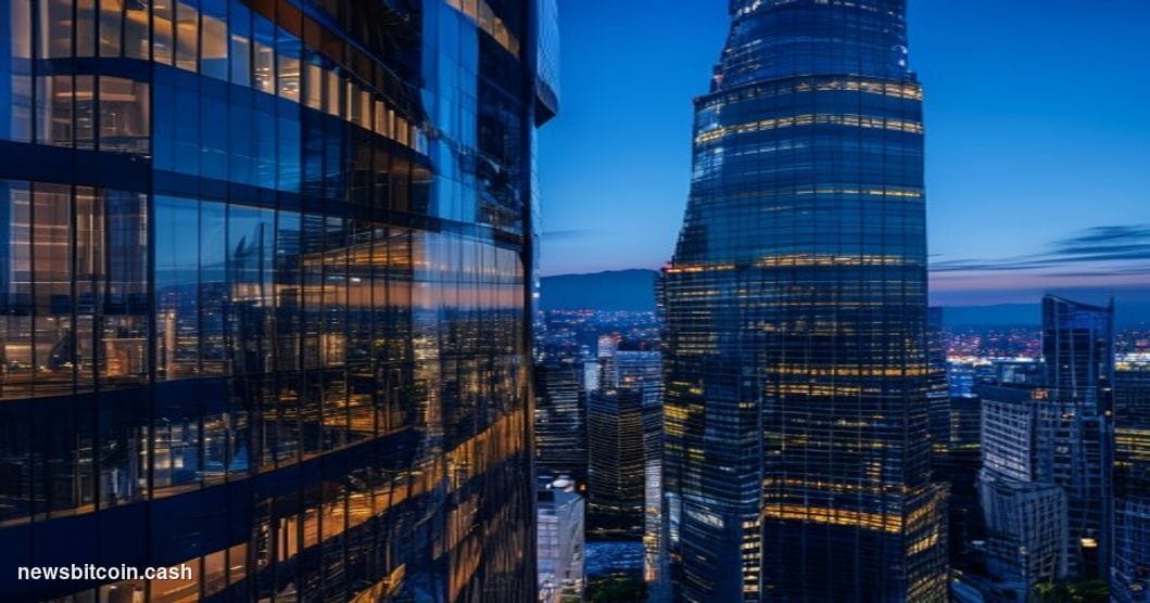 A cinematic photorealistic editorial photograph capturing Japan's financial district skyline at dusk, specifically featuring 