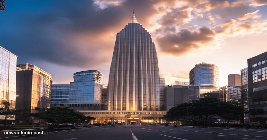 A cinematic photorealistic editorial photograph of the Japanese Diet building (National Diet Building) in Tokyo at golden hou