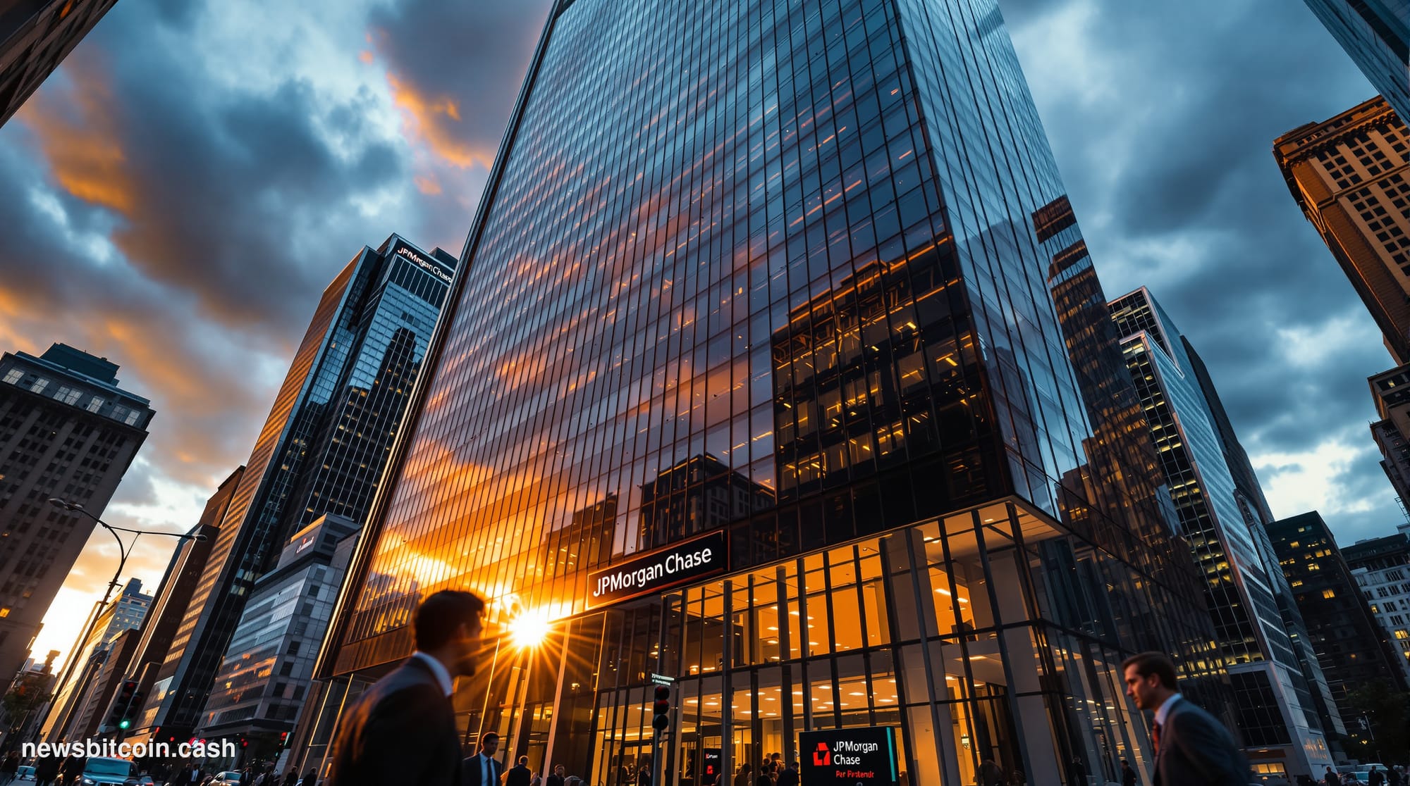 A cinematic photorealistic editorial photograph showcasing JPMorgan's imposing headquarters at 383 Madison Avenue in Manhatta