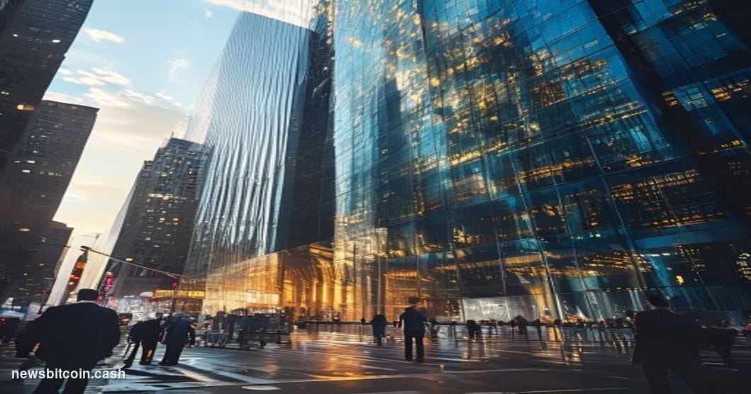 A cinematic photorealistic editorial photograph showing the imposing JPMorgan Chase headquarters at 270 Park Avenue in New Yo