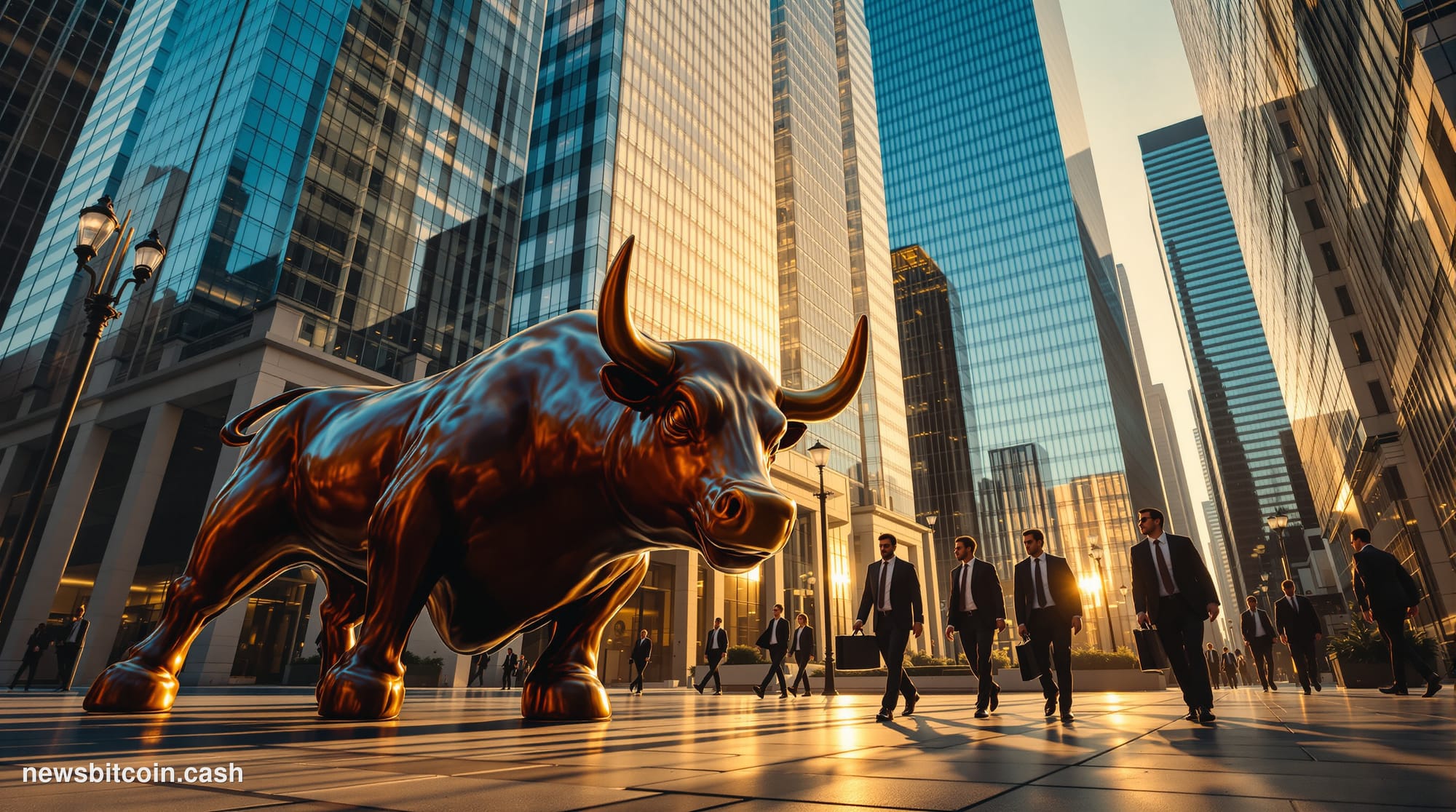 Cinematic photorealistic editorial photograph of Wall Street's financial district at golden hour, showing the iconic charging