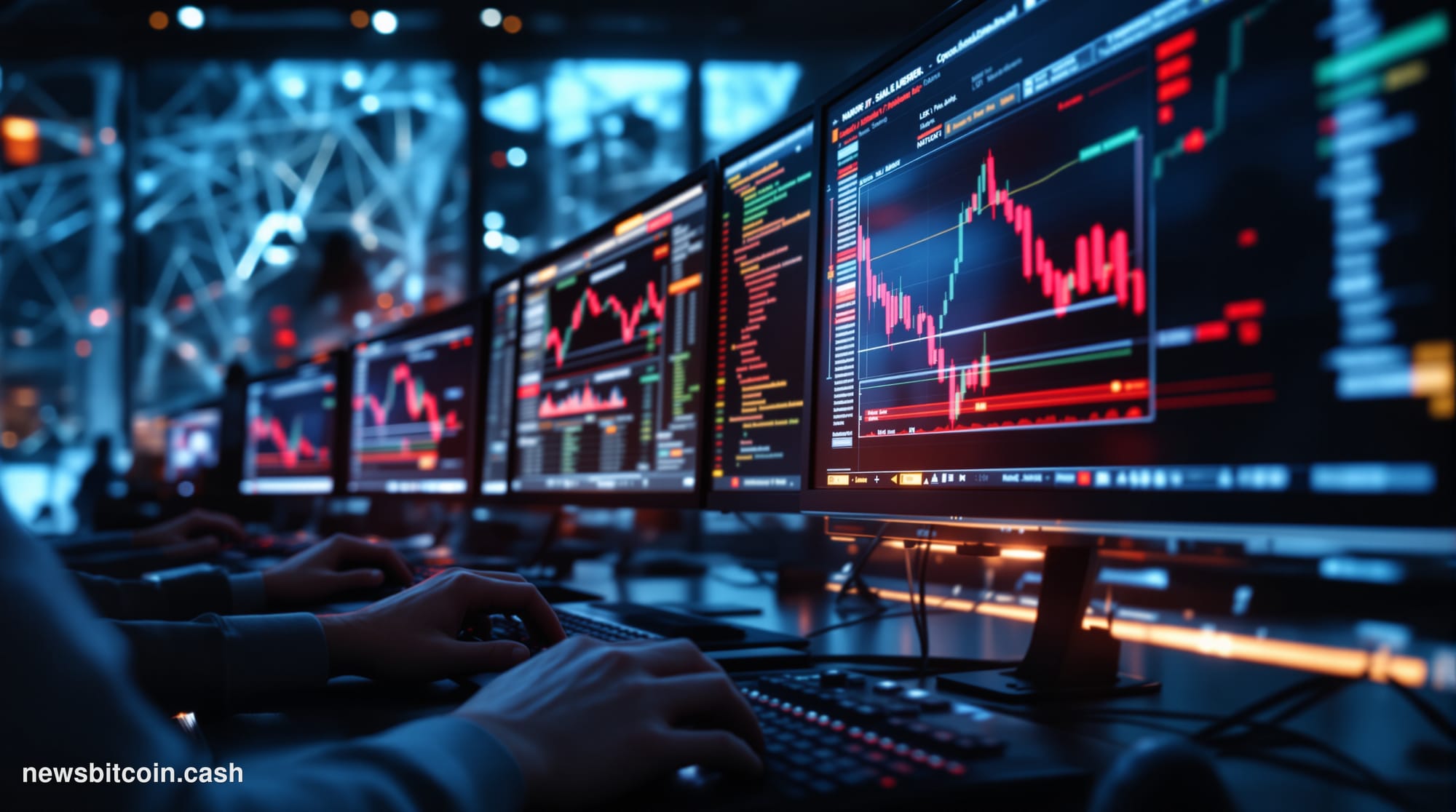 A cinematic photorealistic editorial photograph showing a dramatic visualization of DeFi protocol infrastructure under stress
