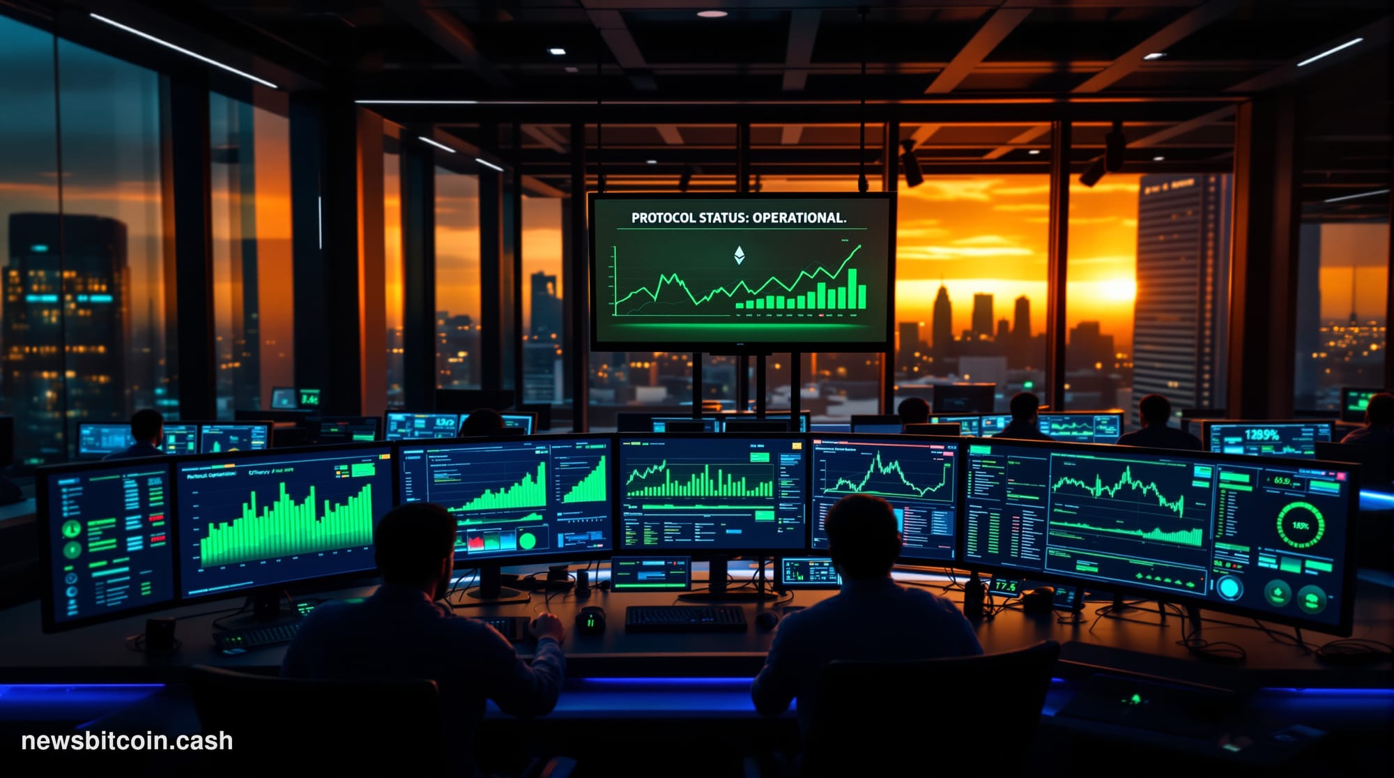 A cinematic photorealistic editorial photograph showing a modern cryptocurrency trading floor or DeFi protocol control room d