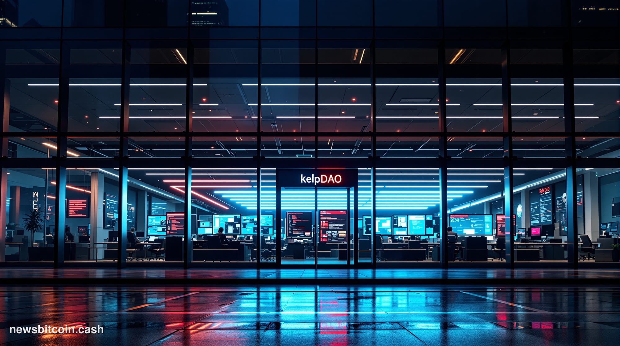 A cinematic photorealistic editorial photograph of a modern glass-walled blockchain development office at night, viewed throu