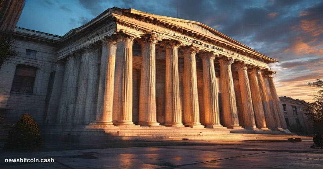 A cinematic photorealistic editorial photograph of the Federal Reserve Building's iconic neoclassical facade in Washington DC