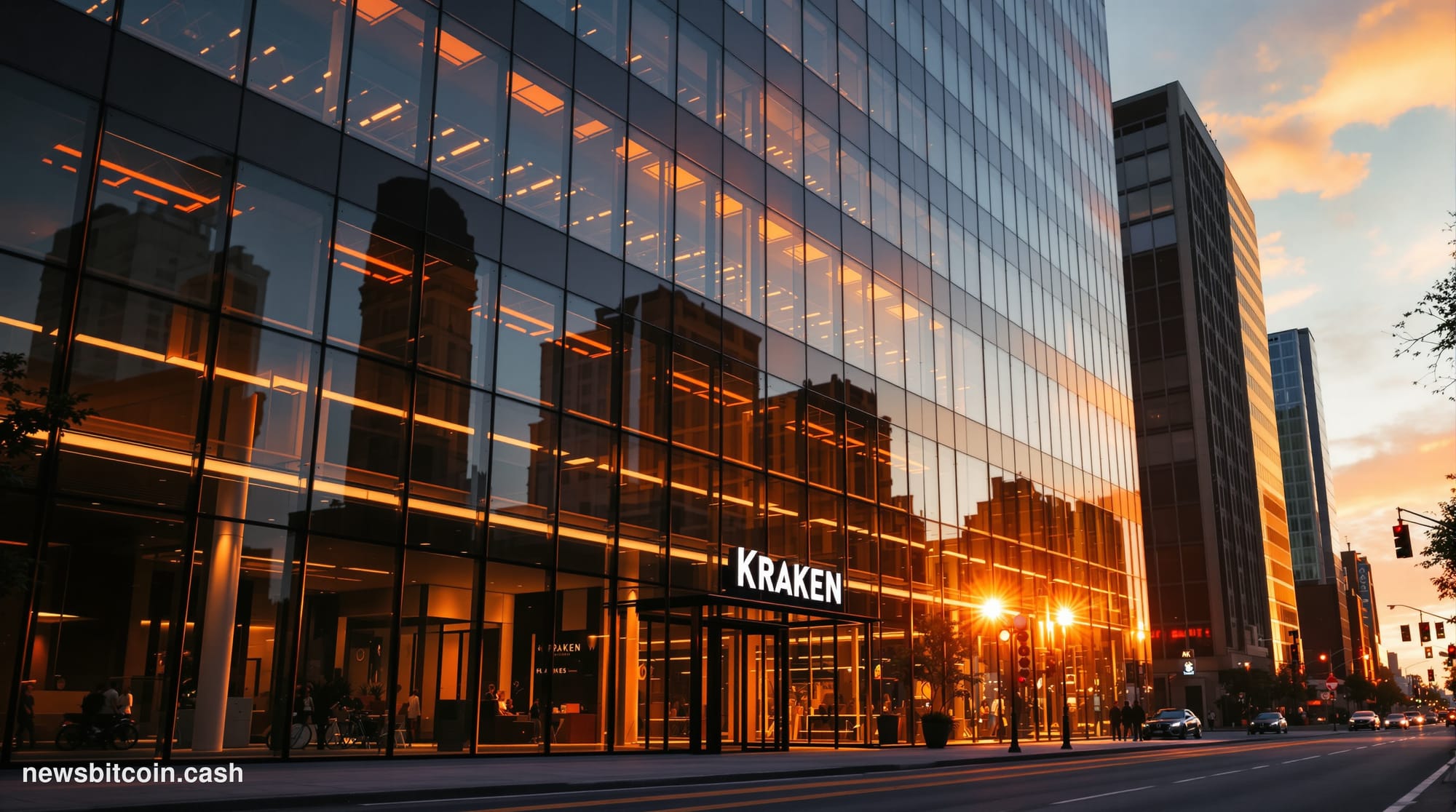 Cinematic photorealistic editorial photograph of Kraken's San Francisco headquarters building exterior during golden hour, wi