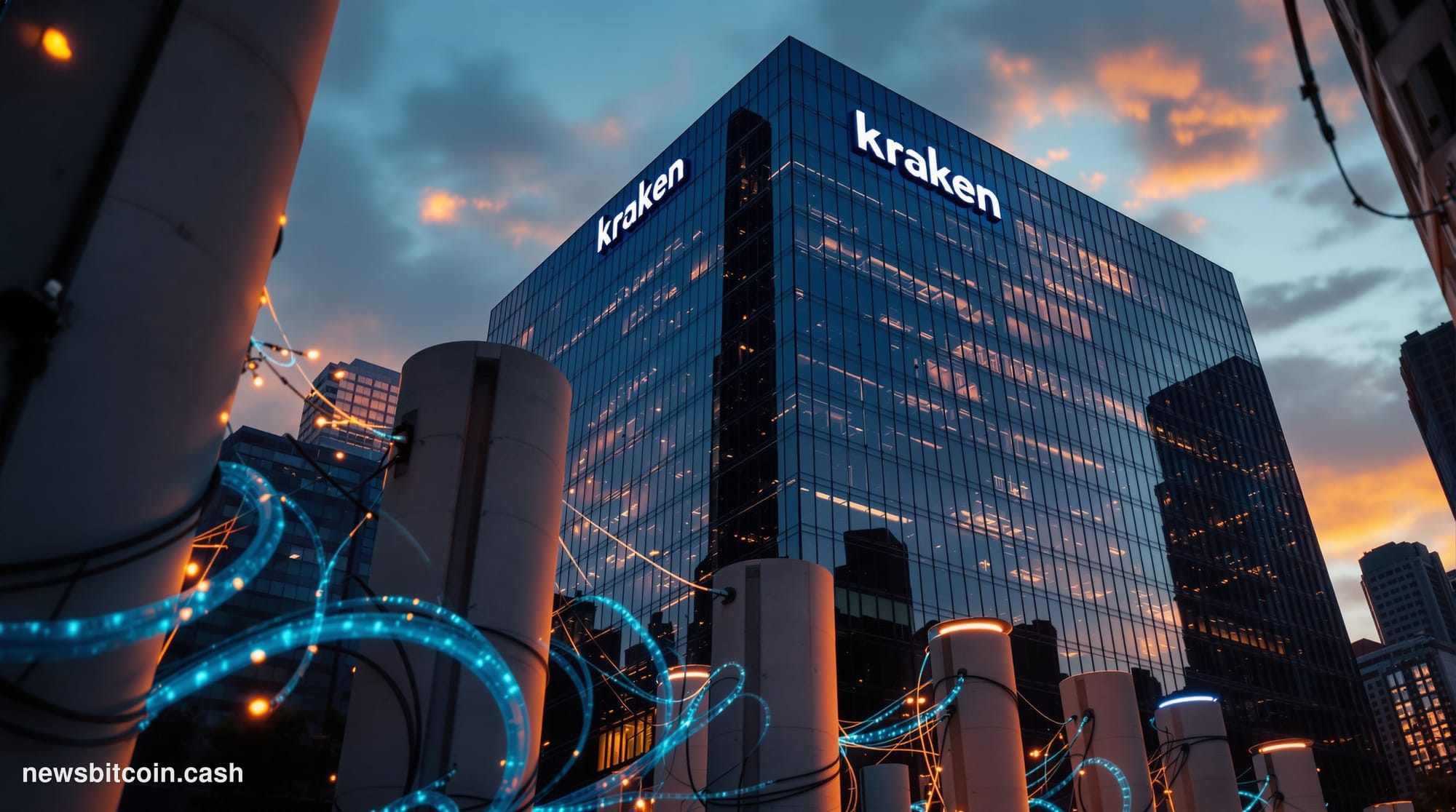 A cinematic photorealistic editorial photograph showing the exterior of Kraken's San Francisco headquarters building with its