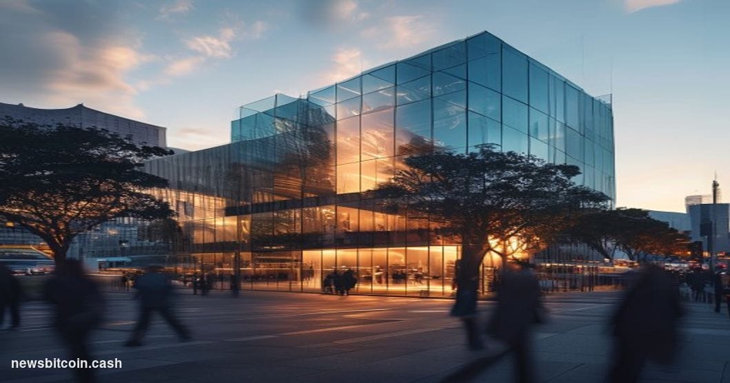 A cinematic photorealistic editorial photograph showcasing Kraken's San Francisco headquarters building exterior during golde