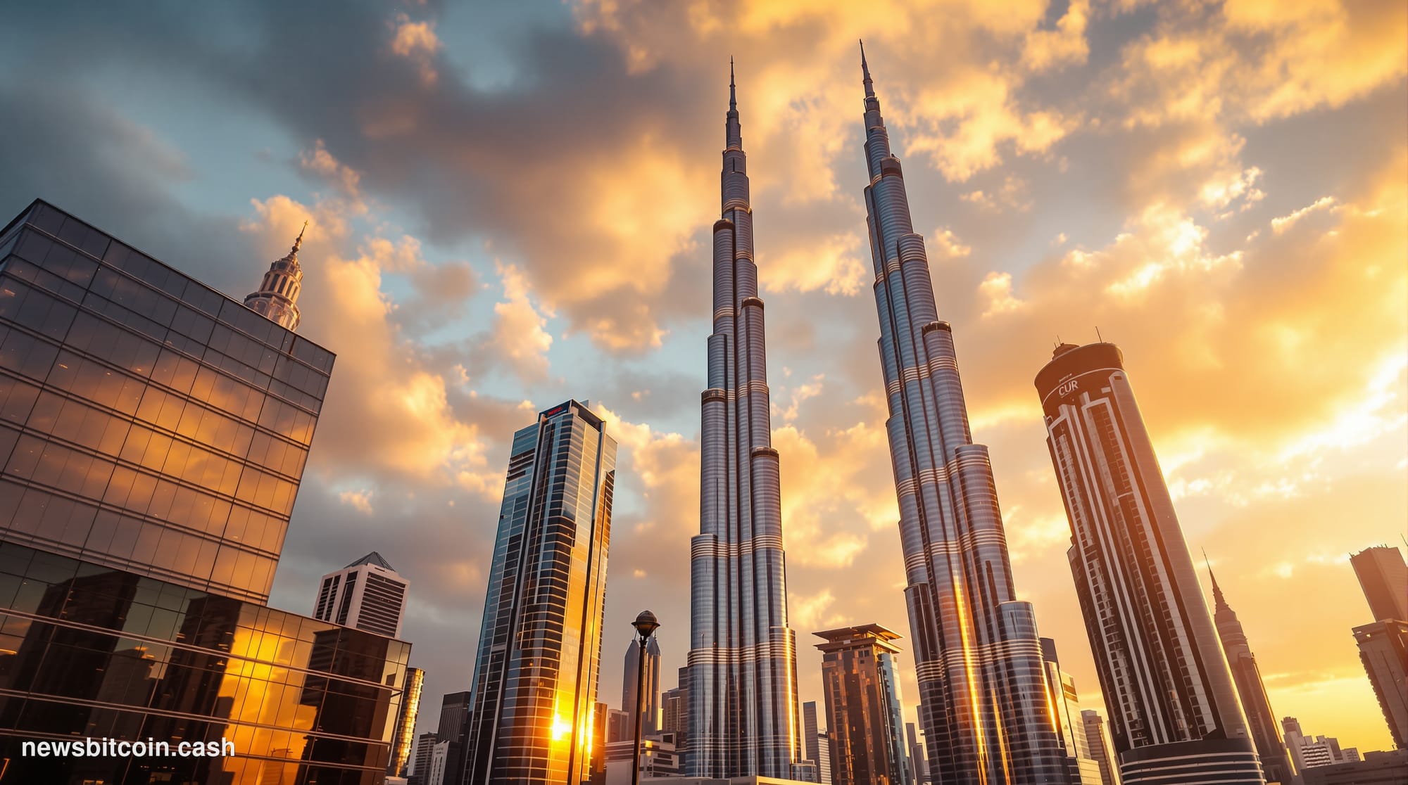 A cinematic photorealistic editorial photograph of Dubai's gleaming financial district skyline at golden hour, with the iconi