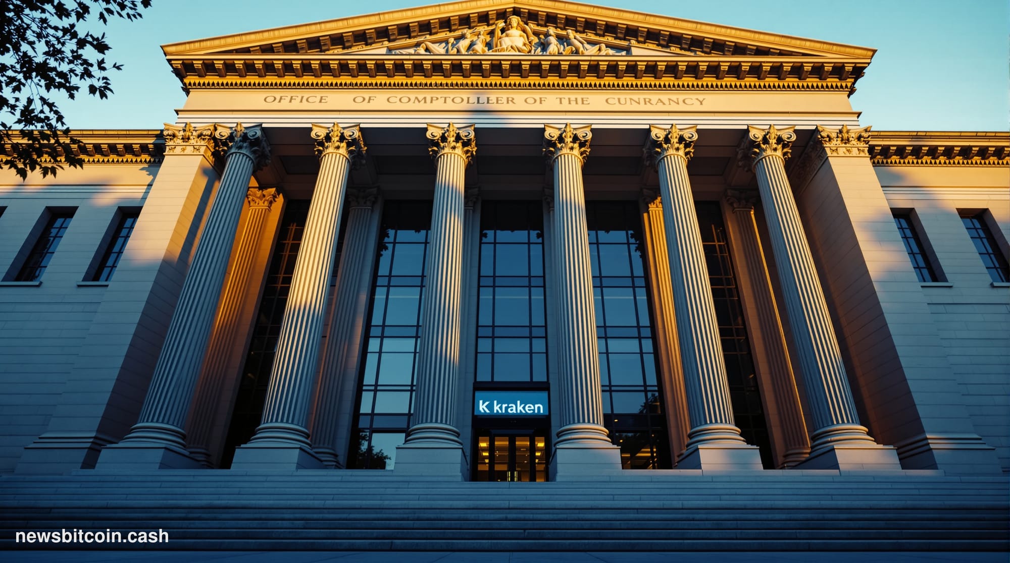 A cinematic photorealistic editorial photograph showing the imposing neoclassical facade of the Office of the Comptroller of 