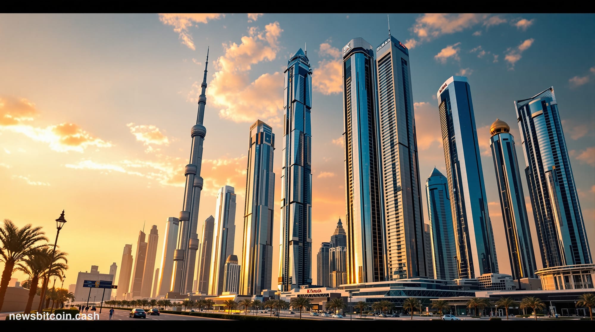 A cinematic photorealistic editorial photograph showcasing Dubai's iconic skyline at golden hour, featuring the Burj Khalifa 