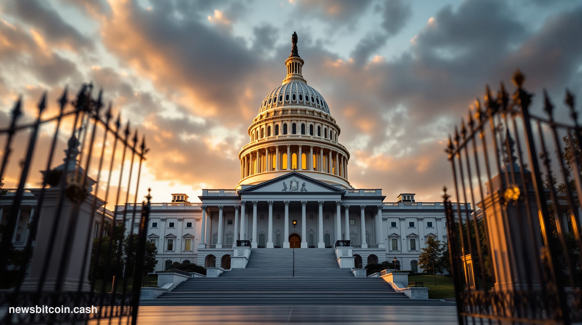 A cinematic photorealistic editorial photograph of the United States Capitol building in Washington D.C., shot during golden 