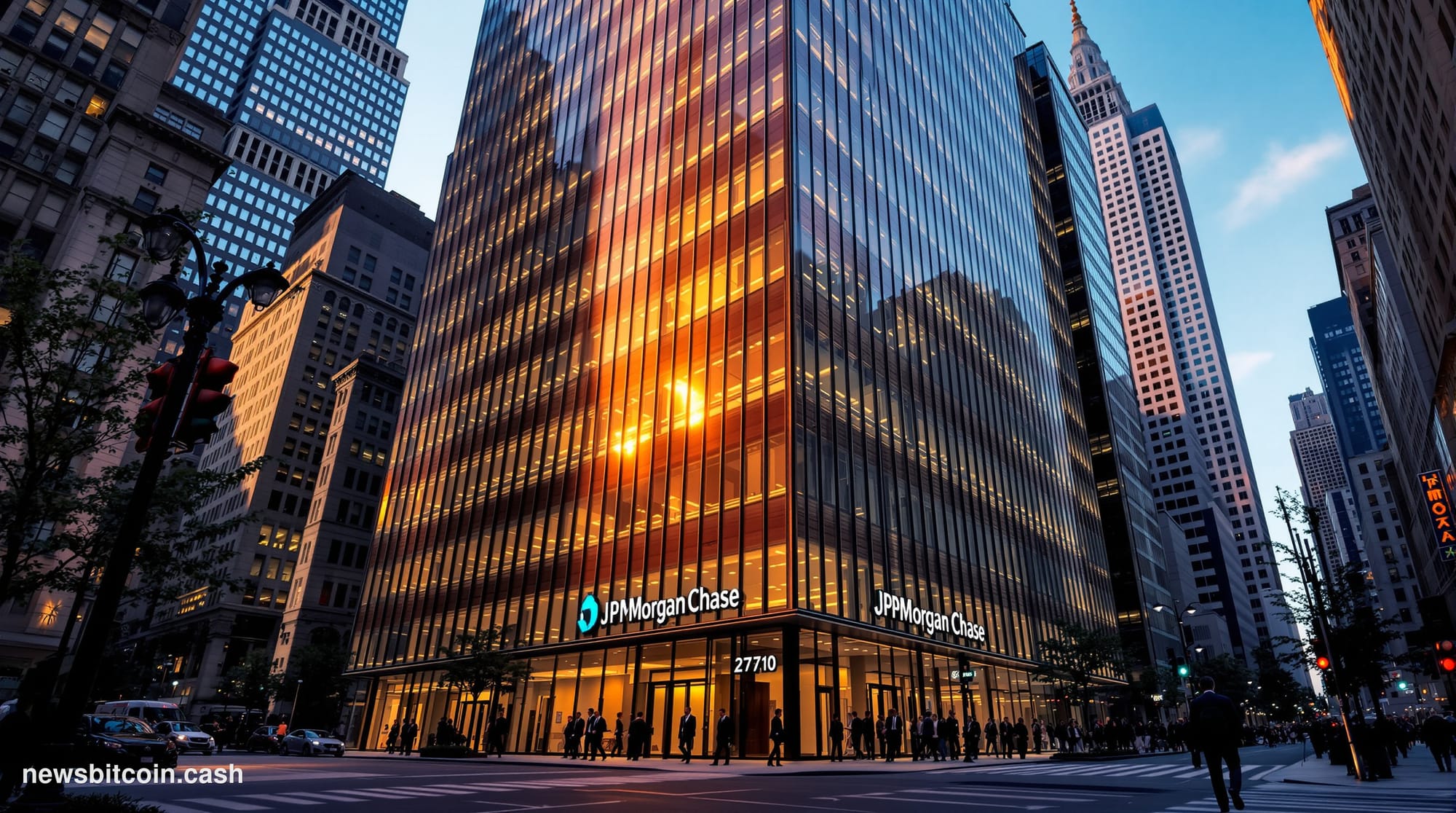 A cinematic photorealistic editorial photograph showing the iconic JPMorgan Chase headquarters at 270 Park Avenue in Manhatta
