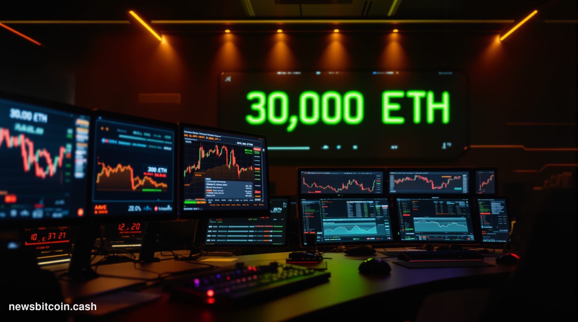 A cinematic photorealistic editorial photograph showing a modern DeFi operations center with multiple trading screens display