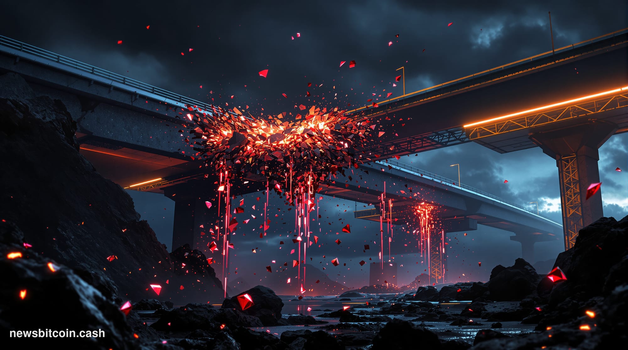 A cinematic photorealistic editorial photograph showing a dramatic visualization of digital token collapse and bridge infrast