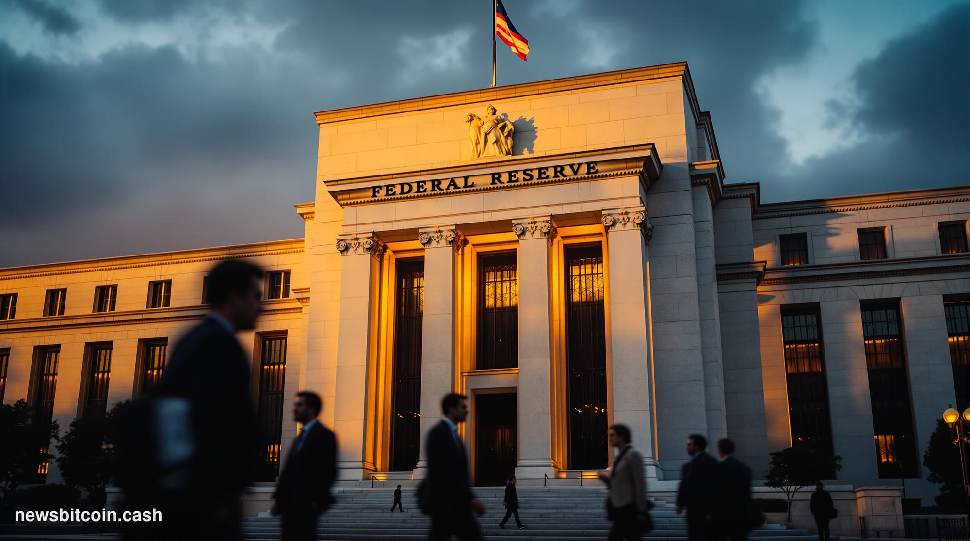 A cinematic photorealistic editorial photograph of the Federal Reserve building in Washington D.C., captured from a low angle