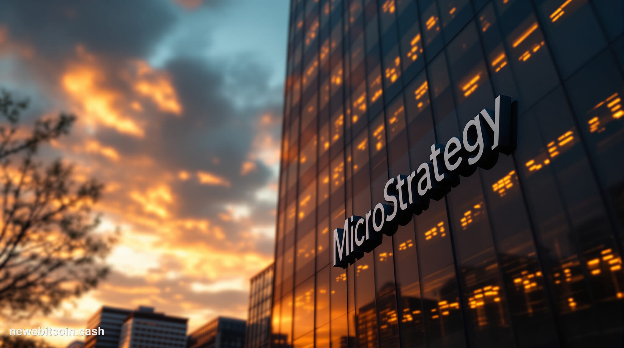 A cinematic photorealistic editorial photograph of MicroStrategy's corporate headquarters in Tysons Corner, Virginia, taken f