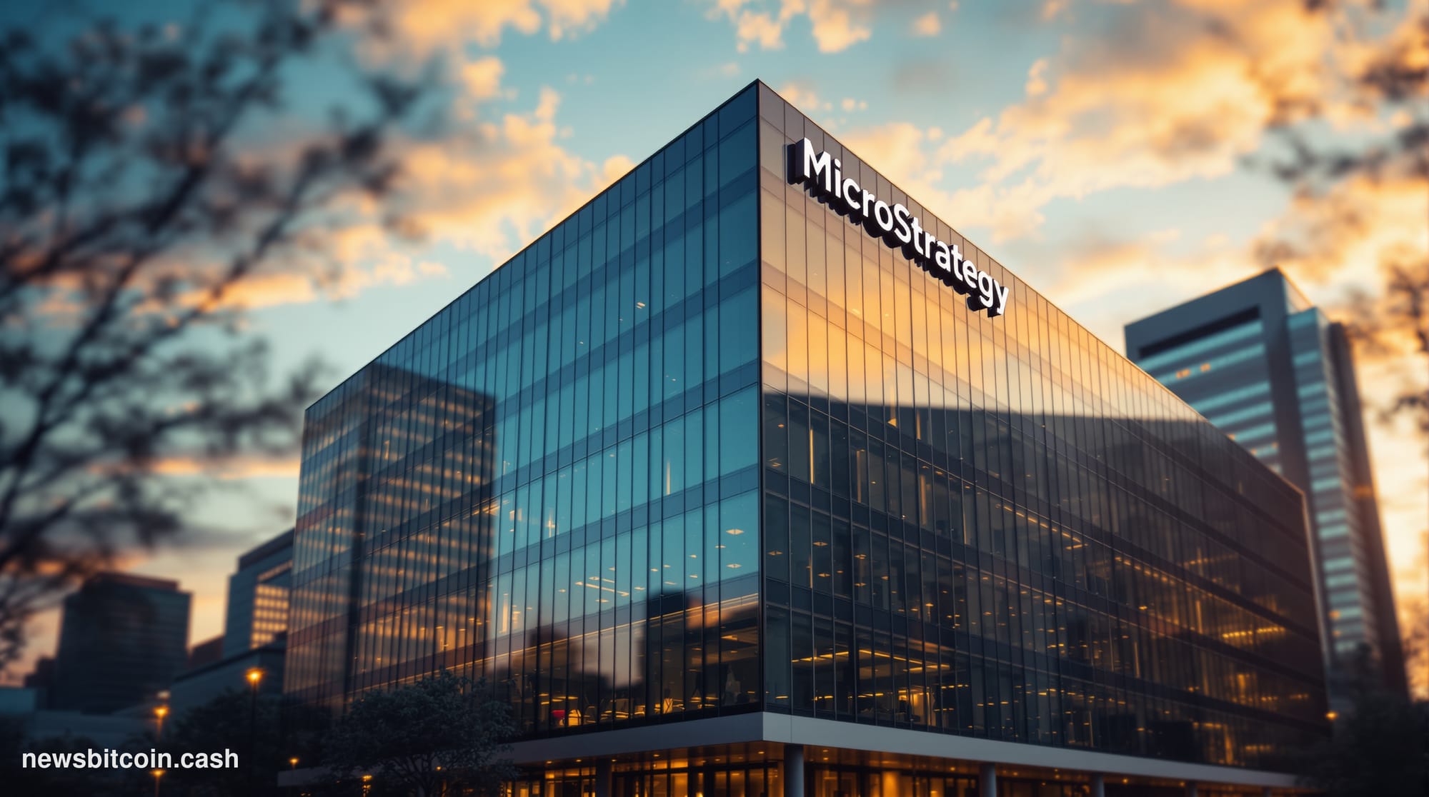 A cinematic photorealistic editorial photograph of MicroStrategy's corporate headquarters in Tysons Corner, Virginia, capture