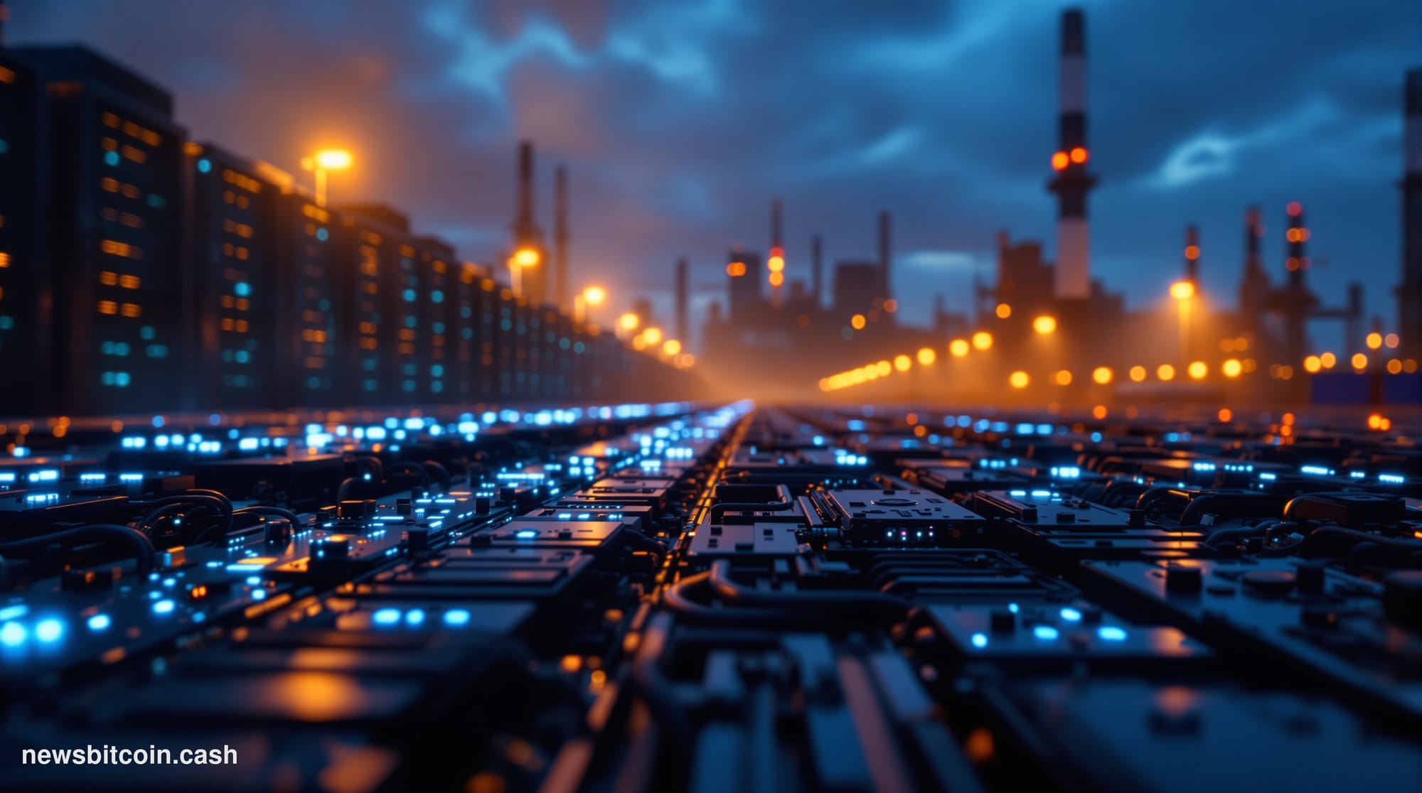 A cinematic photorealistic editorial photograph of a massive cryptocurrency mining facility at dusk, with rows of ASIC miners