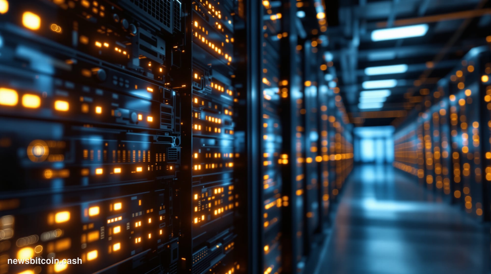 A cinematic photorealistic editorial photograph of a modern Bitcoin mining facility interior with rows of ASIC miners, dramat