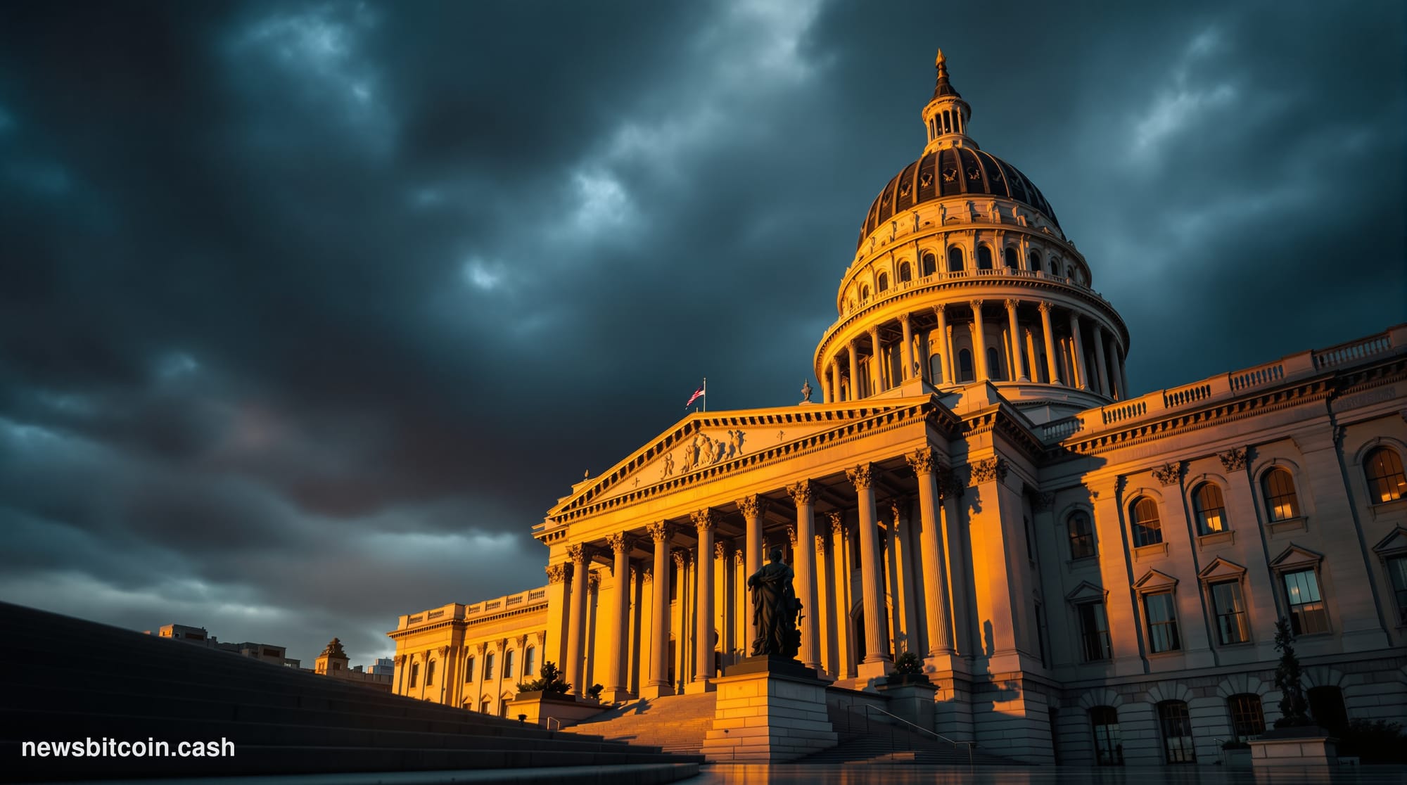 A cinematic photorealistic editorial photograph of the Minnesota State Capitol building in Saint Paul, shot from a low angle 