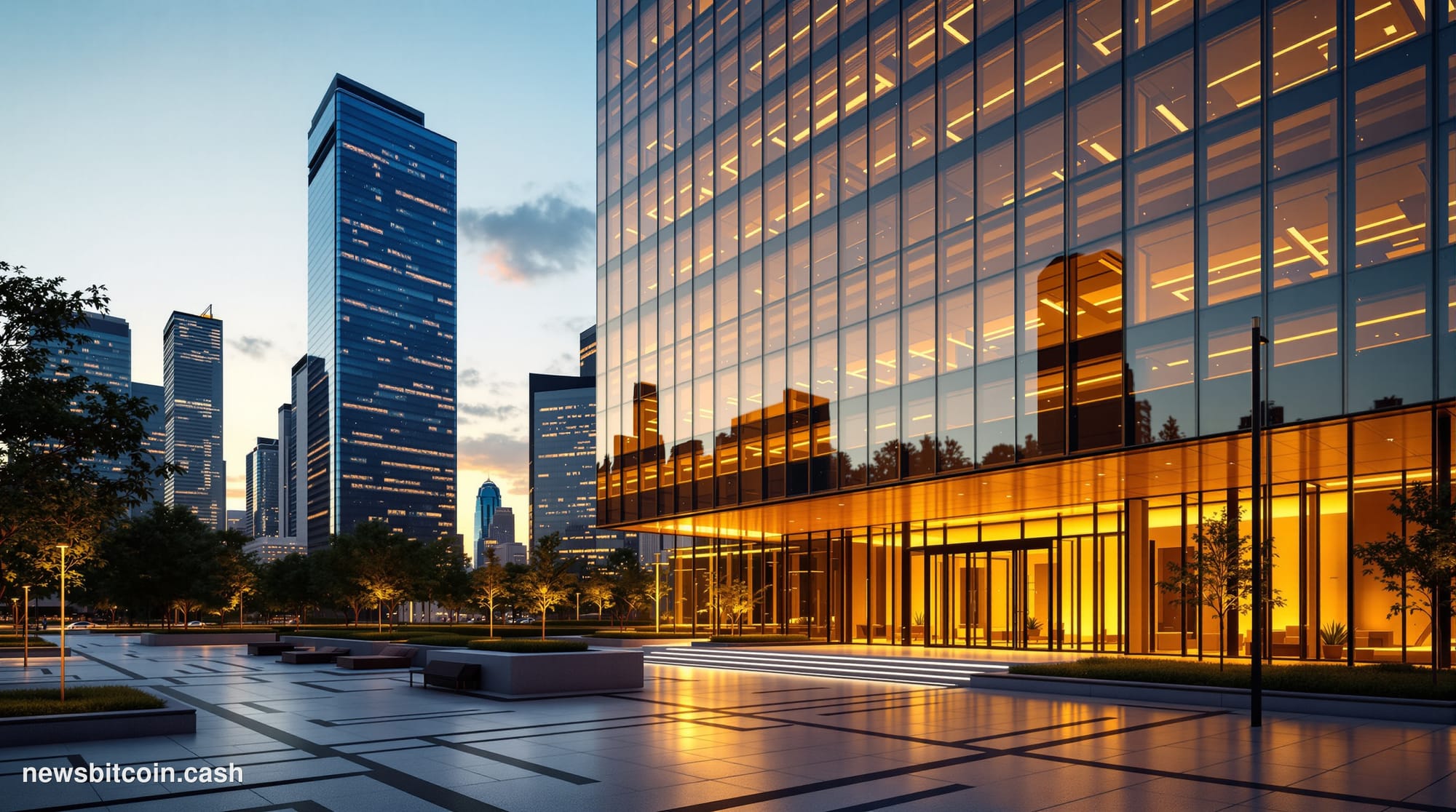 A cinematic photorealistic editorial photograph showing MoneyGram's corporate headquarters in Dallas, Texas, with its distinc