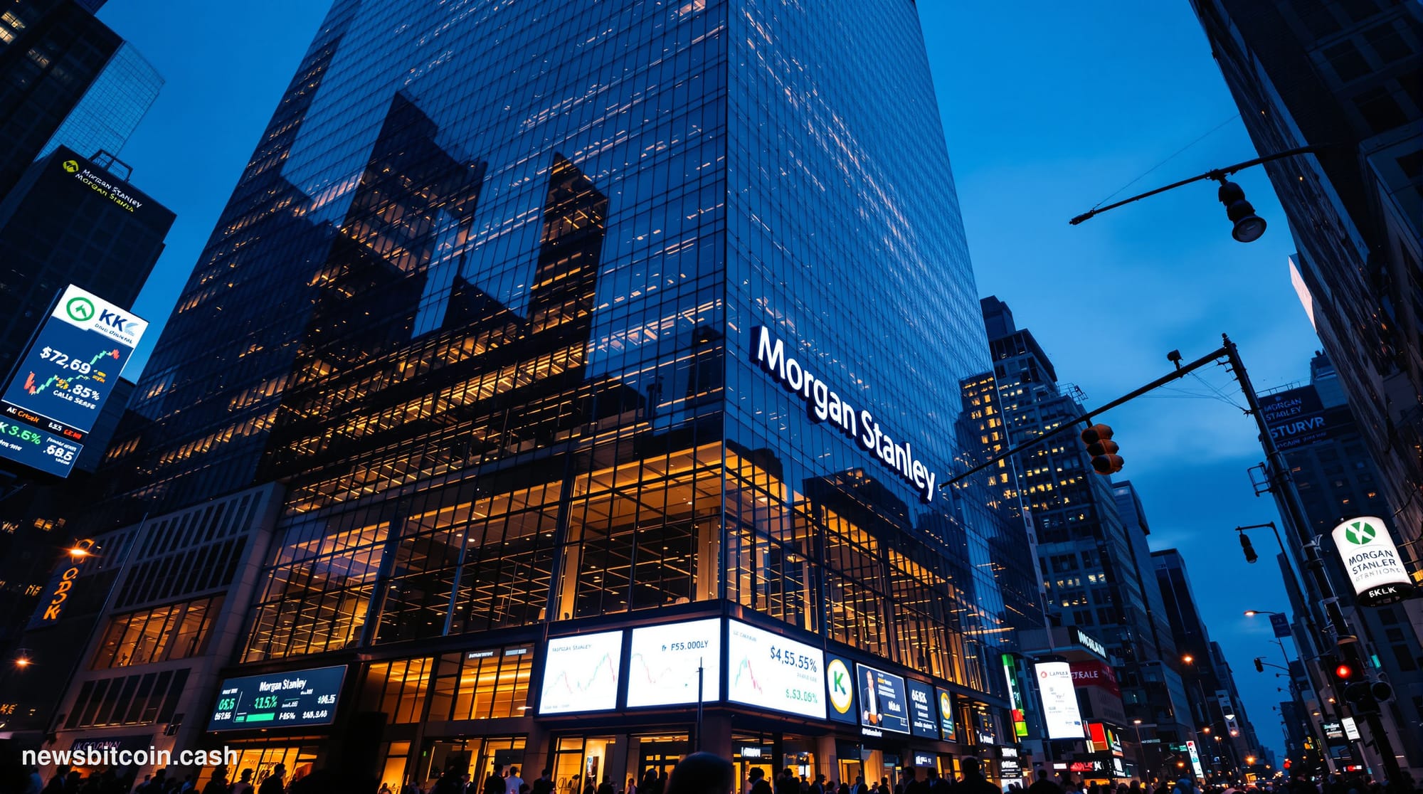 A cinematic photorealistic editorial photograph of Morgan Stanley's towering headquarters in Manhattan's Times Square distric