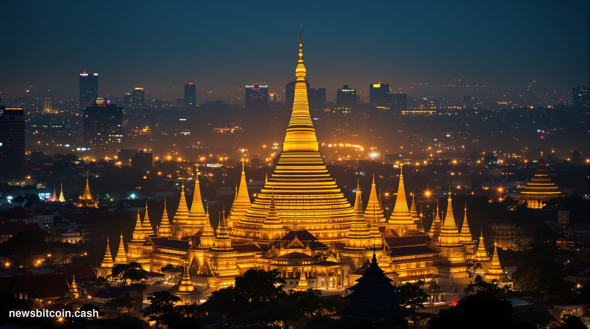 A dramatic cinematic photorealistic editorial photograph showing the golden spires and pagodas of Myanmar's iconic Shwedagon 