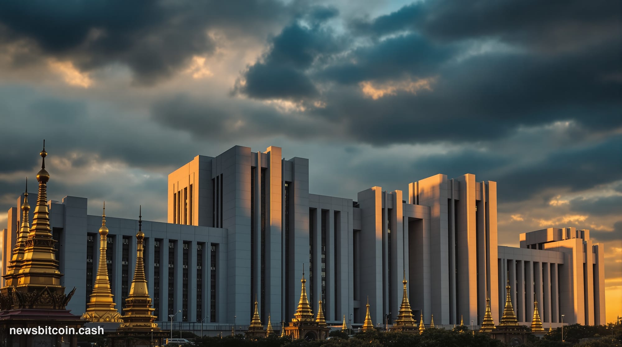 A cinematic photorealistic editorial photograph of Myanmar's imposing government buildings in Naypyidaw, the capital city, sh