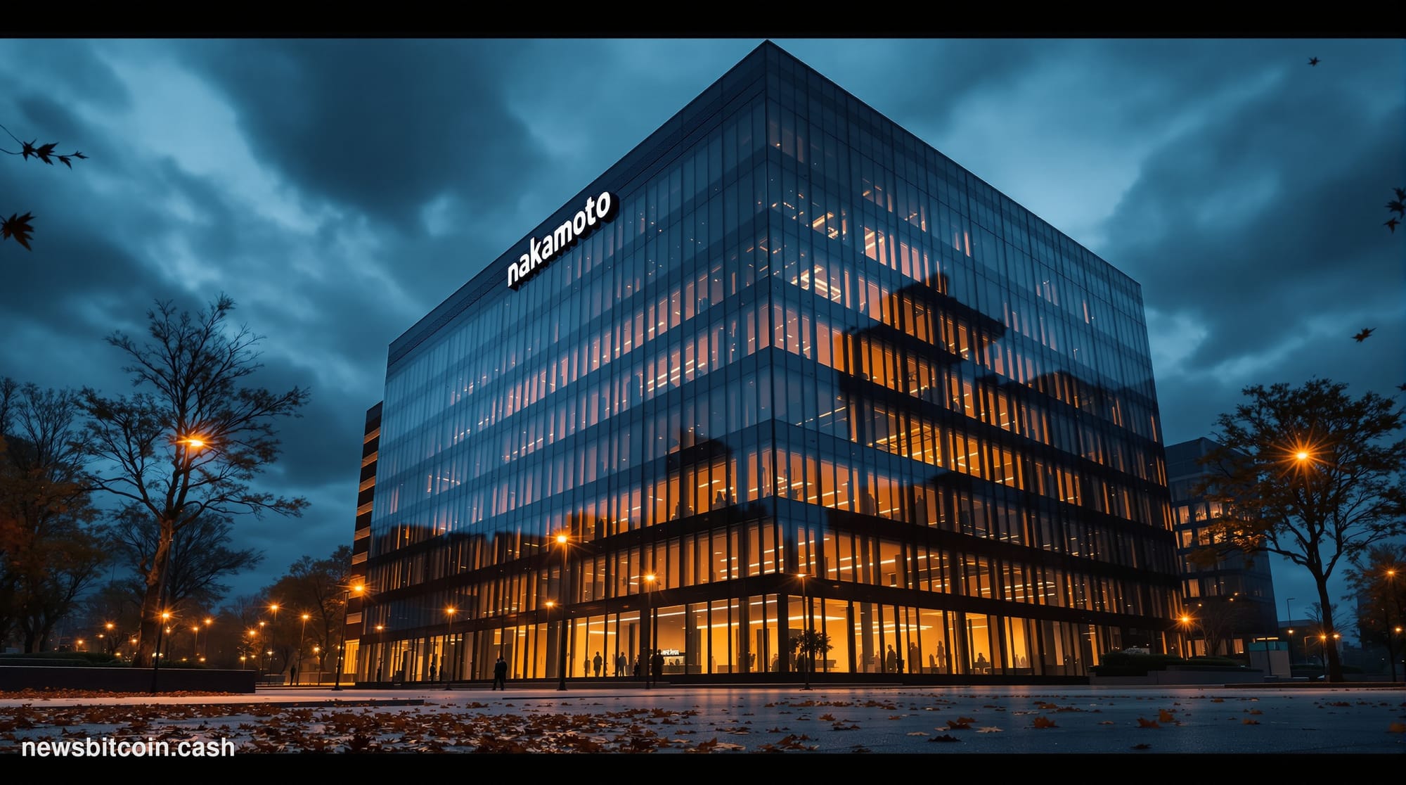Cinematic photorealistic editorial photograph of a modern corporate office building at dusk, shot from a low angle to emphasi