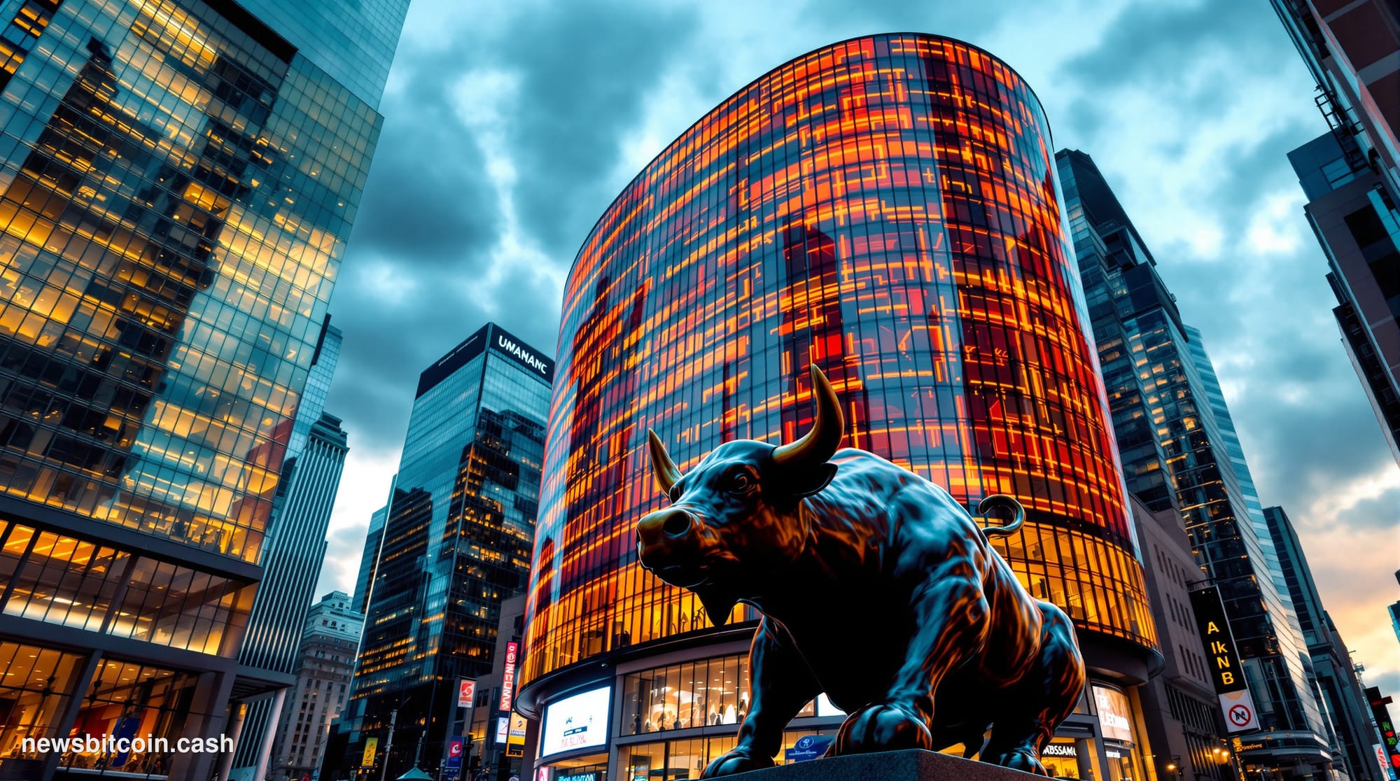 A cinematic photorealistic editorial photograph showing the iconic Nasdaq MarketSite building in Times Square, New York City,