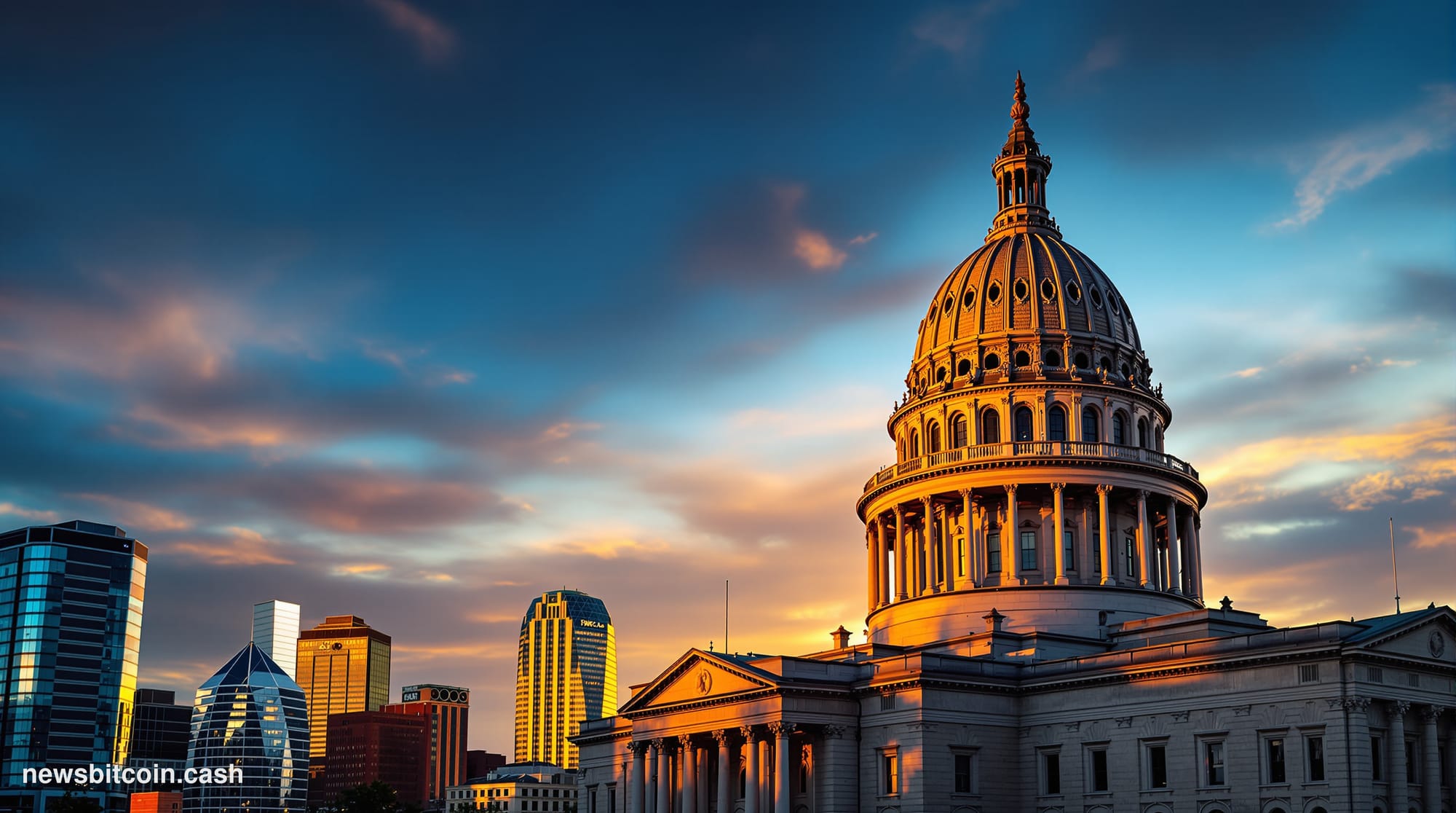 Cinematic photorealistic editorial photograph of the Tennessee State Capitol building in Nashville during golden hour, with t