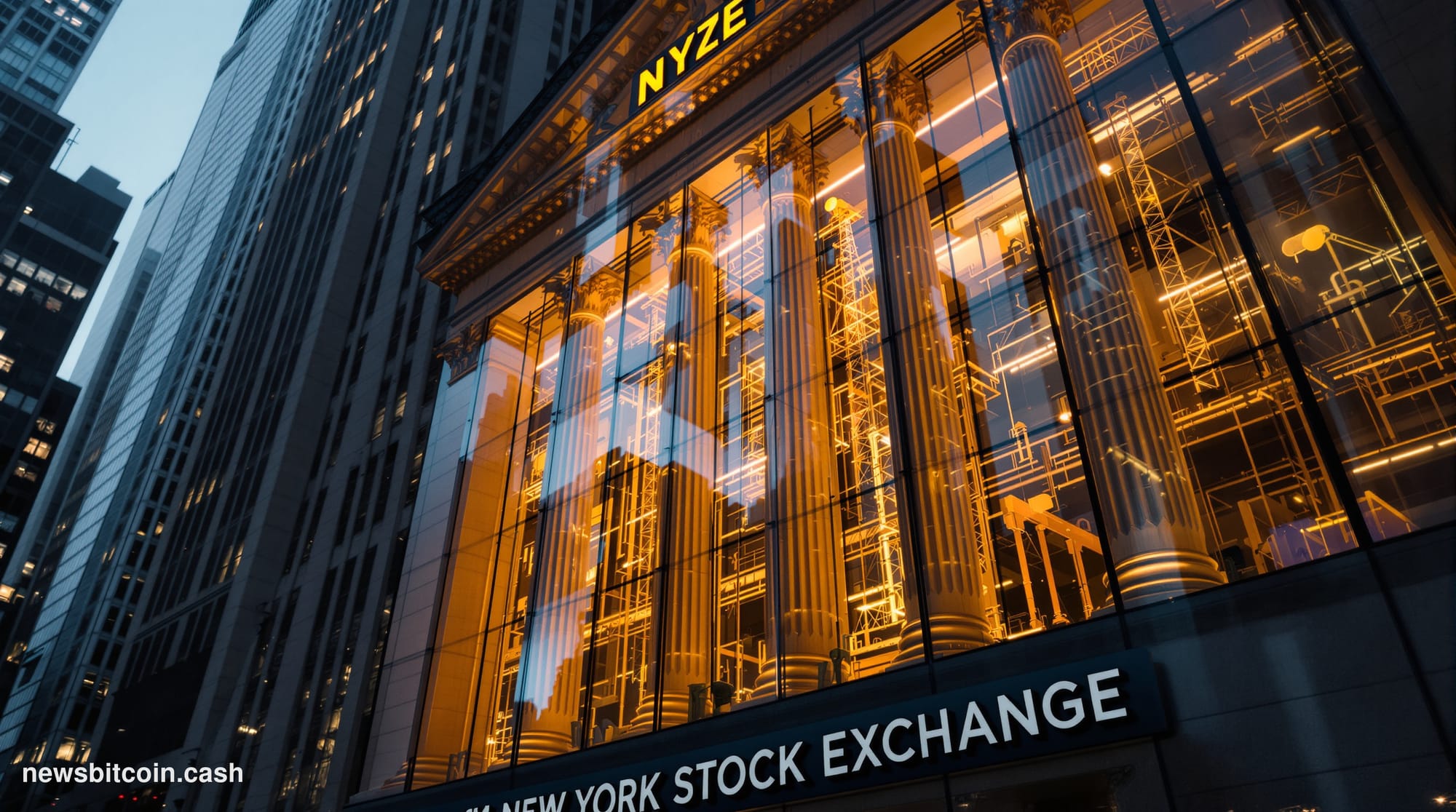Cinematic photorealistic editorial photograph showing the imposing glass facade of the New York Stock Exchange building at 11