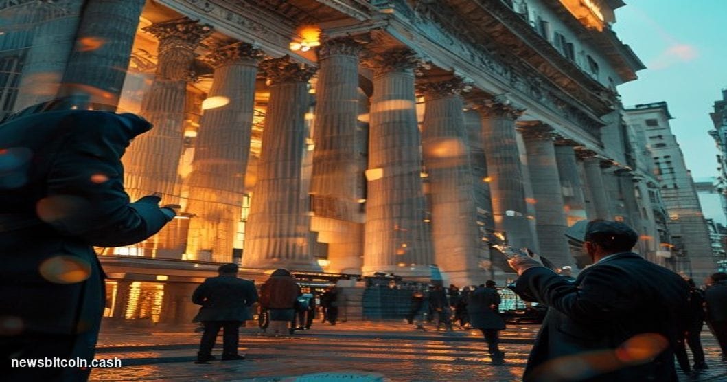 A dramatic editorial photograph showing the iconic facade of the New York Stock Exchange building on Wall Street, shot from a