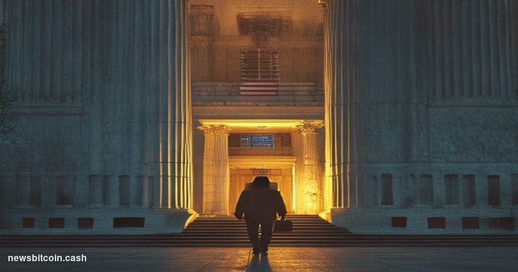 A cinematic photorealistic editorial photograph of a stark federal courthouse exterior in Ohio, shot during golden hour with 