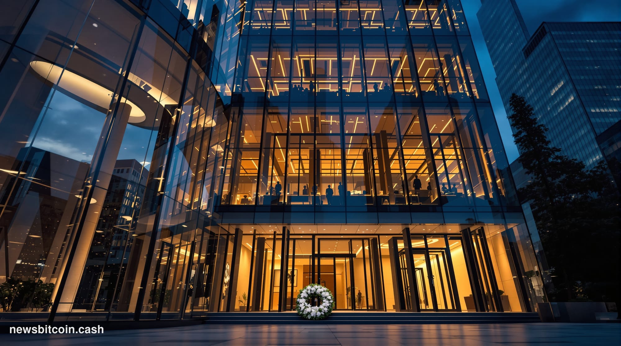 A cinematic photorealistic editorial photograph of a modern financial district office building at dusk, with warm golden ligh