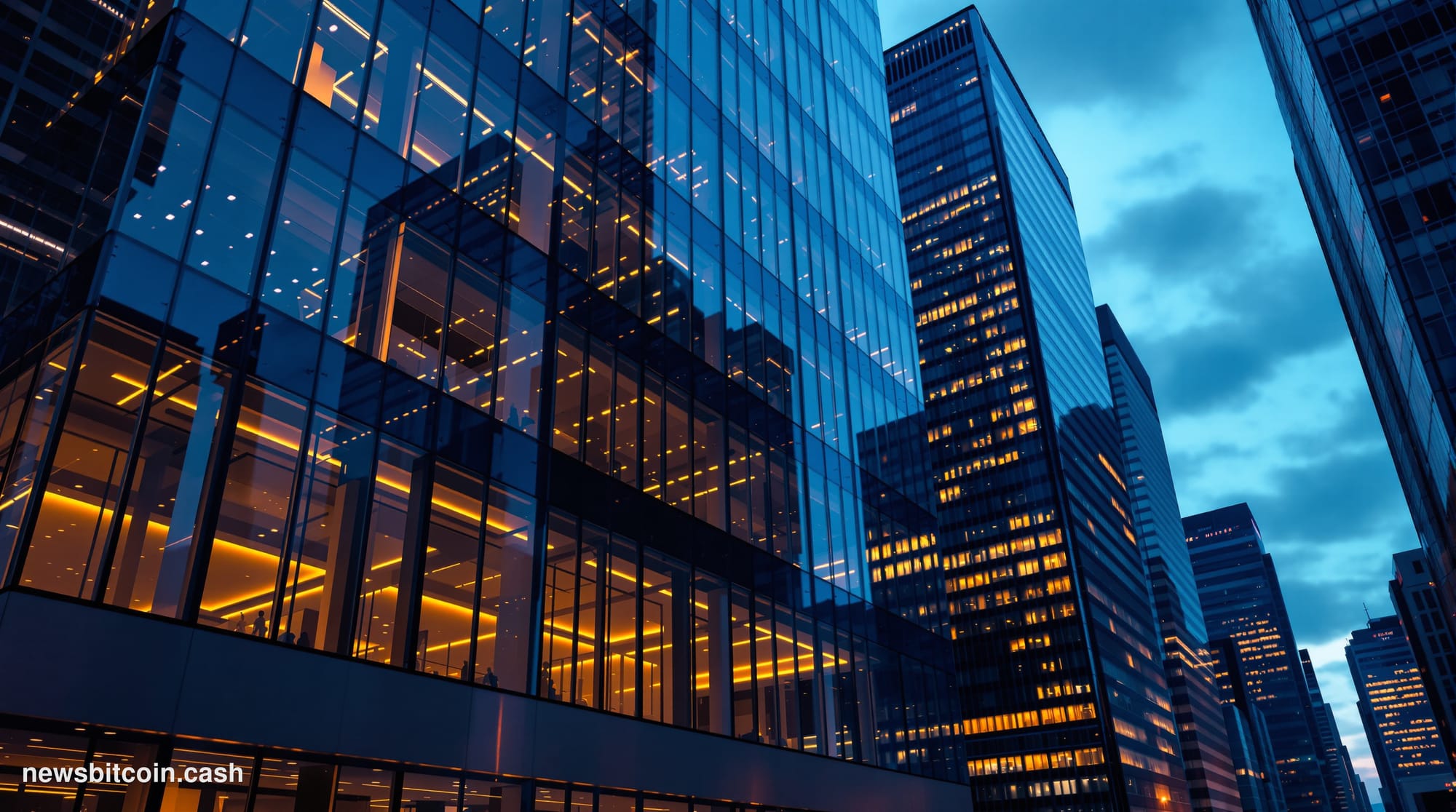 A cinematic photorealistic editorial photograph of a modern financial district at dusk, showing sleek glass office buildings 