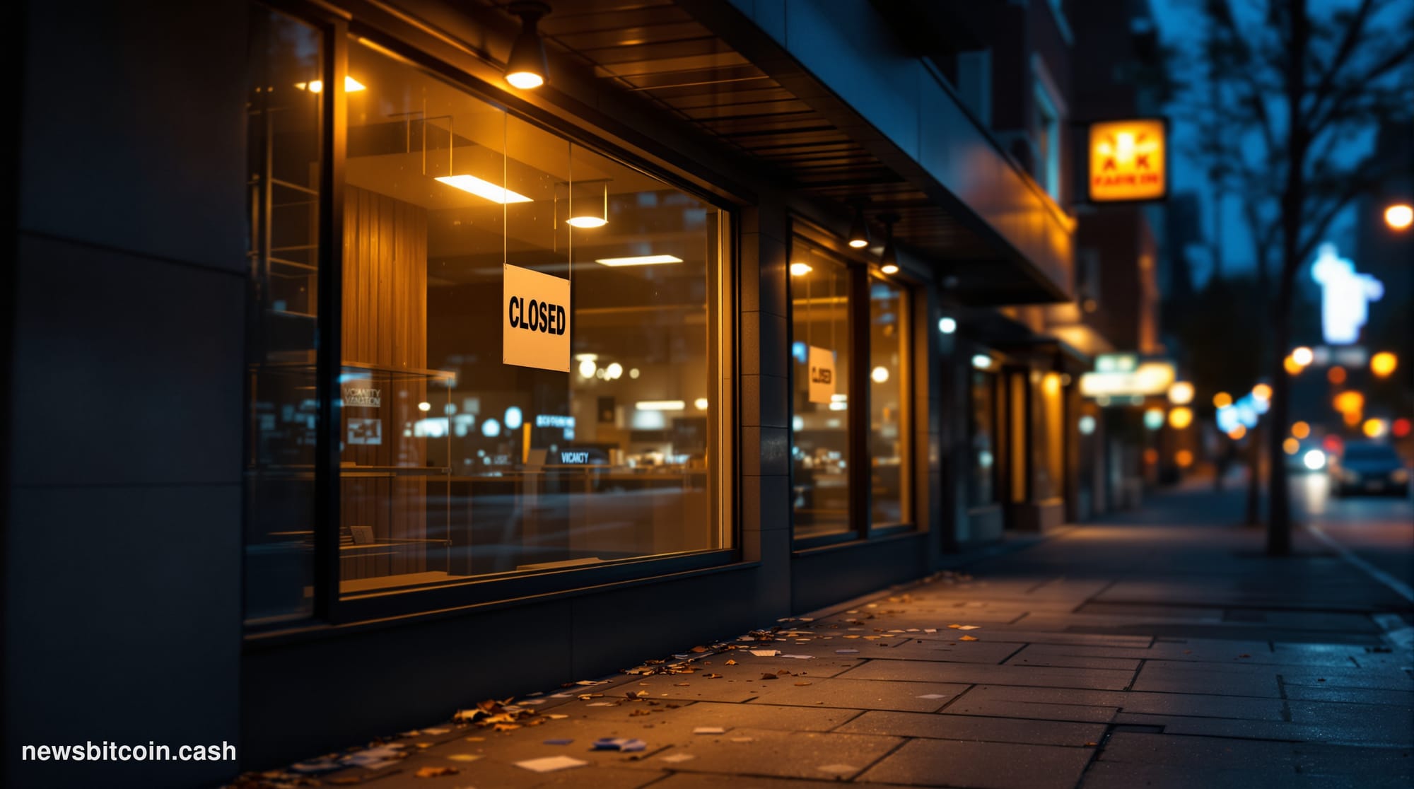 A dramatic photorealistic editorial photograph showing a darkened storefront with "CLOSED" or vacancy signs in the windows, s